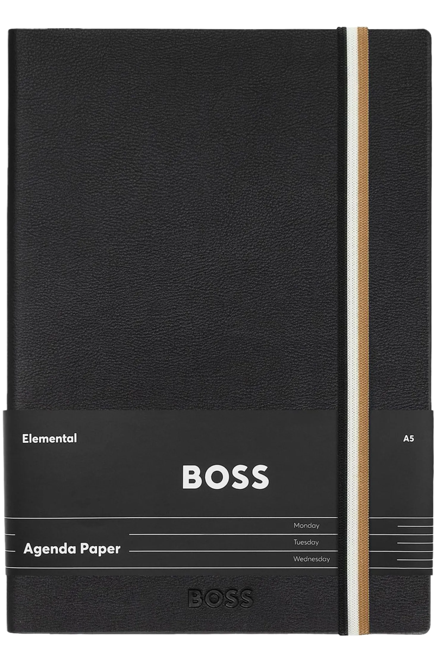A5 black faux-leather notebook with signature-stripe strap
