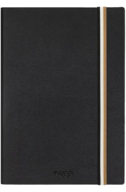 A5 black faux-leather notebook with signature-stripe strap