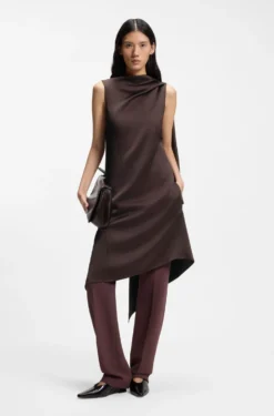 Asymmetric sleeveless dress in draped sable satin