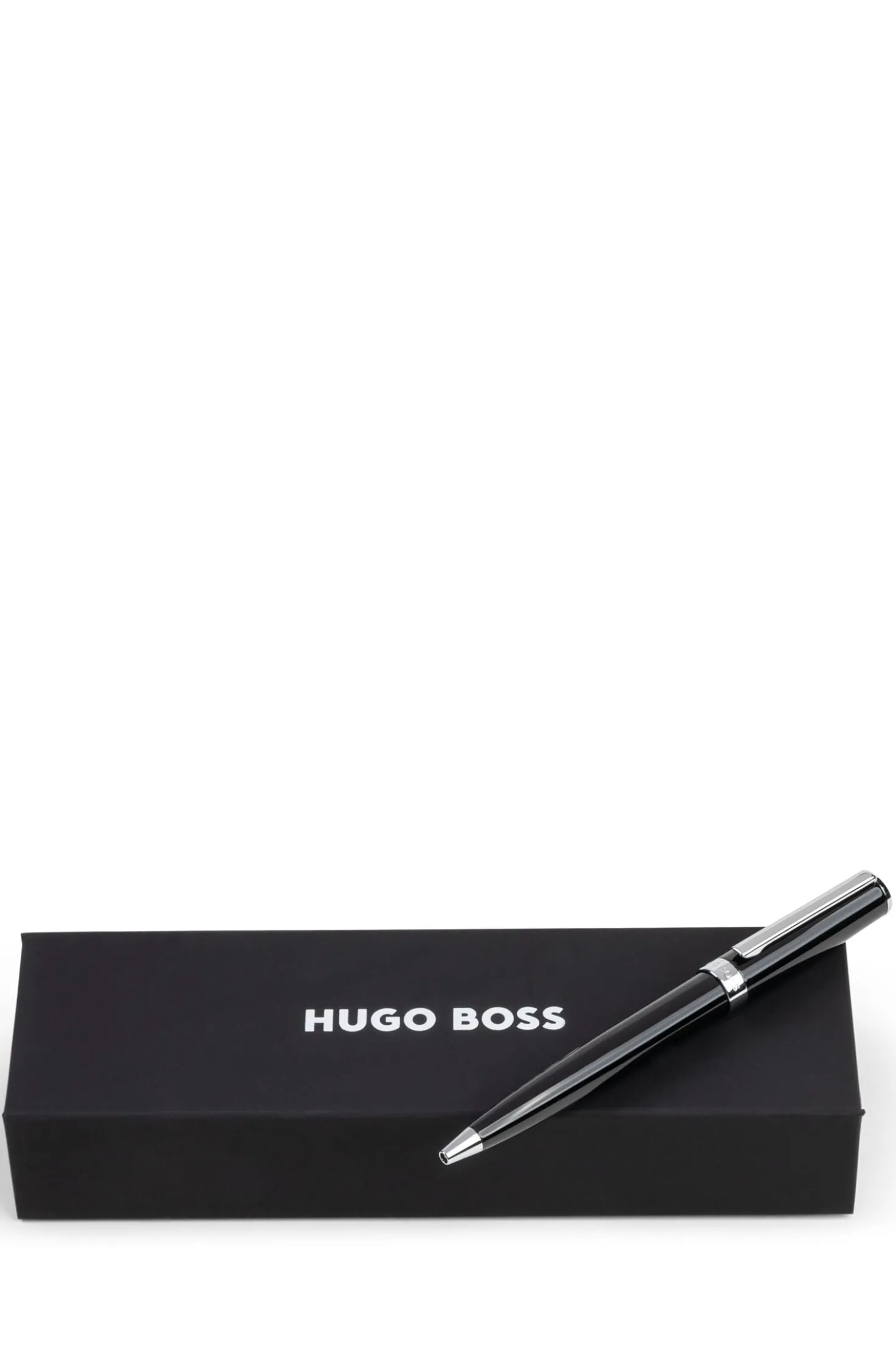 Ballpoint pen in glossy-black lacquer with logo ring