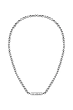 Beaded necklace in brushed stainless steel with octagonal closure