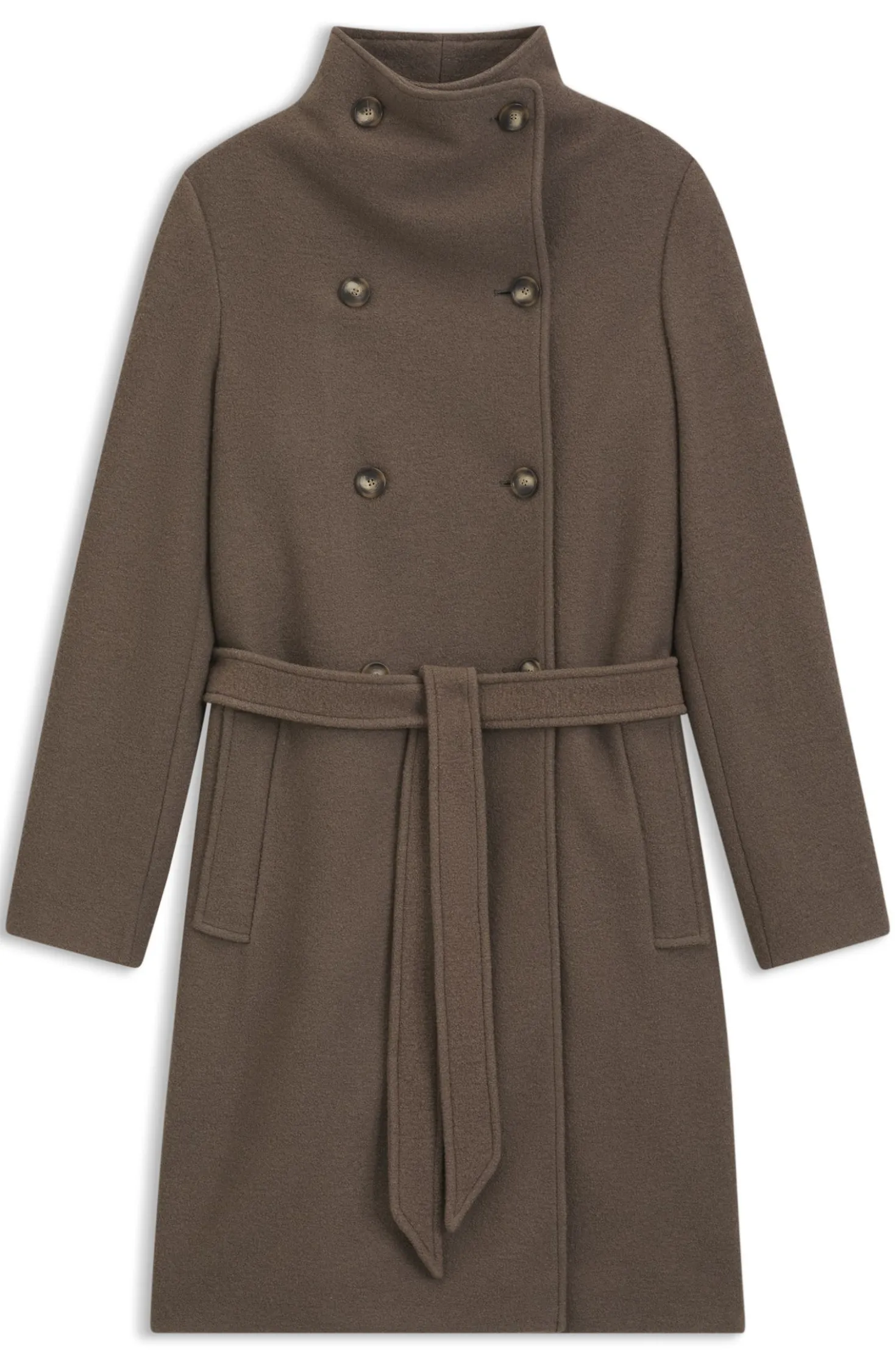 Belted double-breasted coat in virgin wool