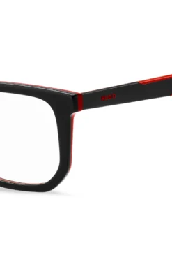 Black-acetate optical frames with red accents