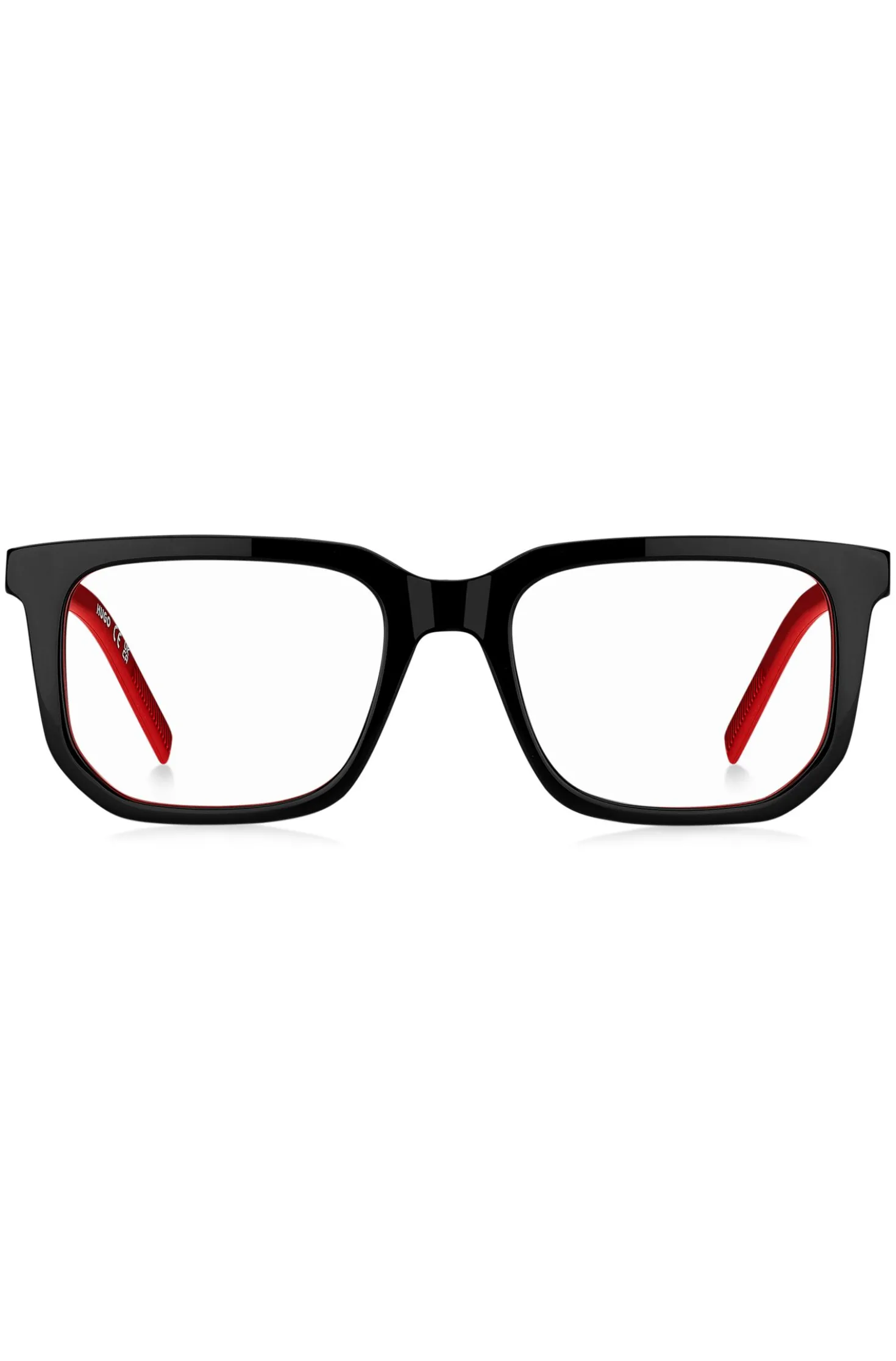 Black-acetate optical frames with red accents
