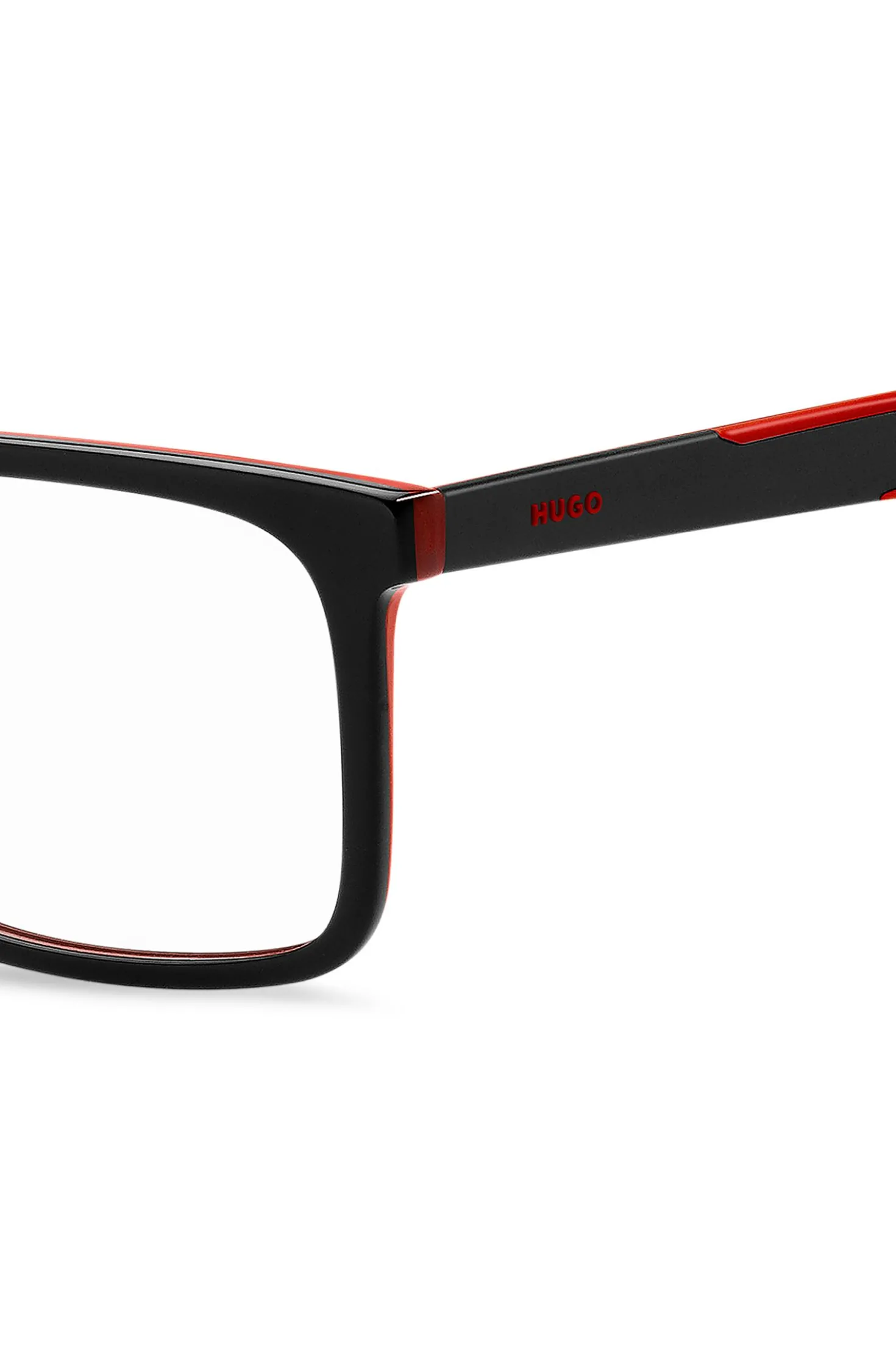 Black-acetate optical frames with red accents