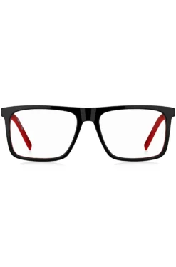 Black-acetate optical frames with red accents