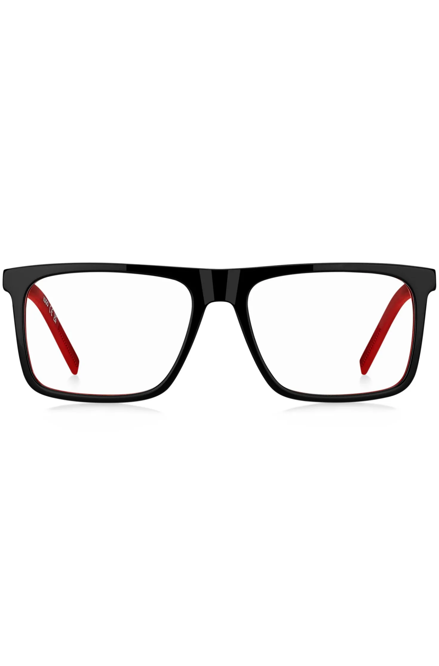 Black-acetate optical frames with red accents