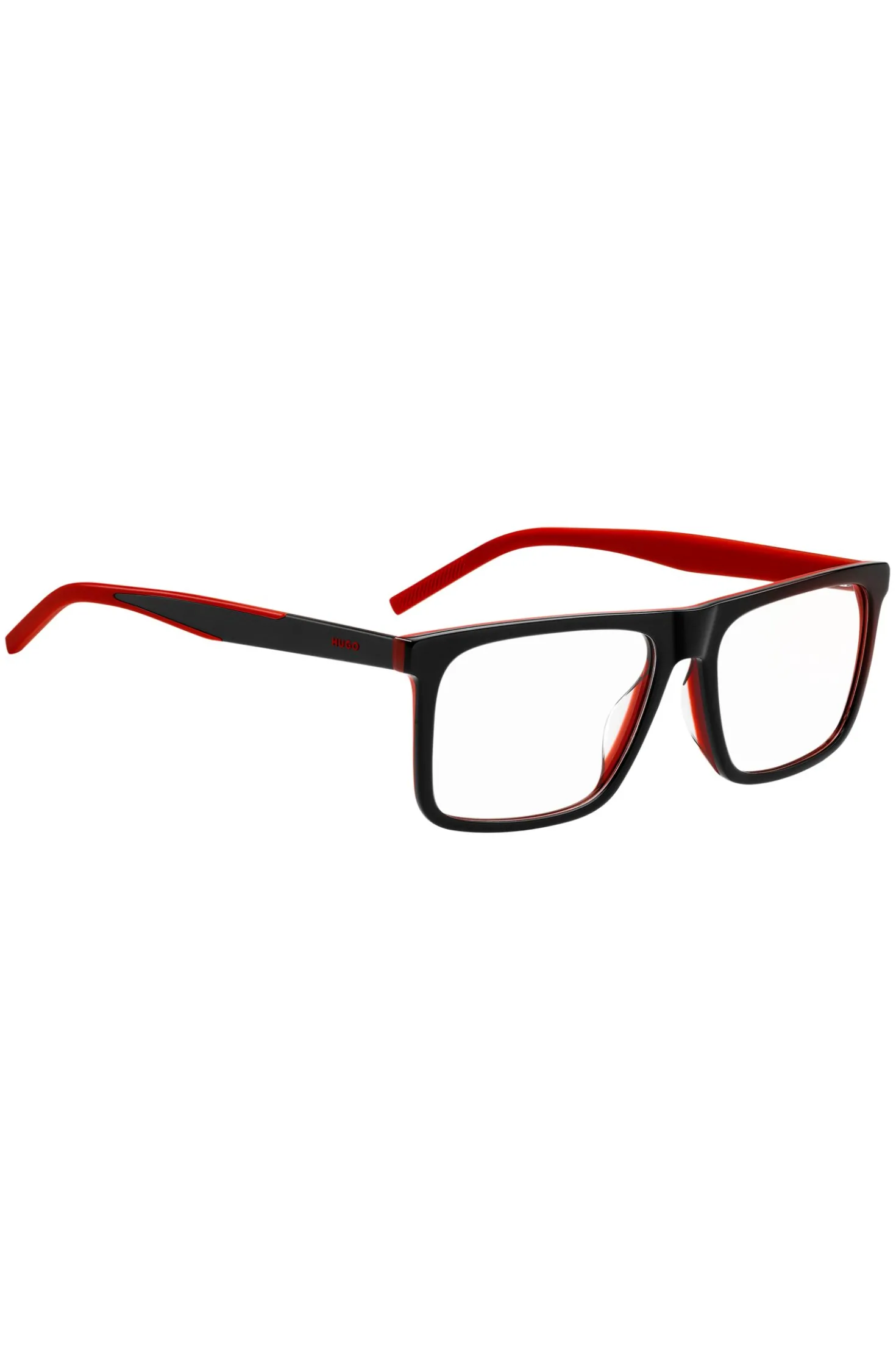 Black-acetate optical frames with red accents
