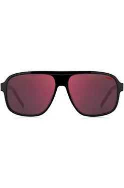 Black-acetate sunglasses with red shaded lenses