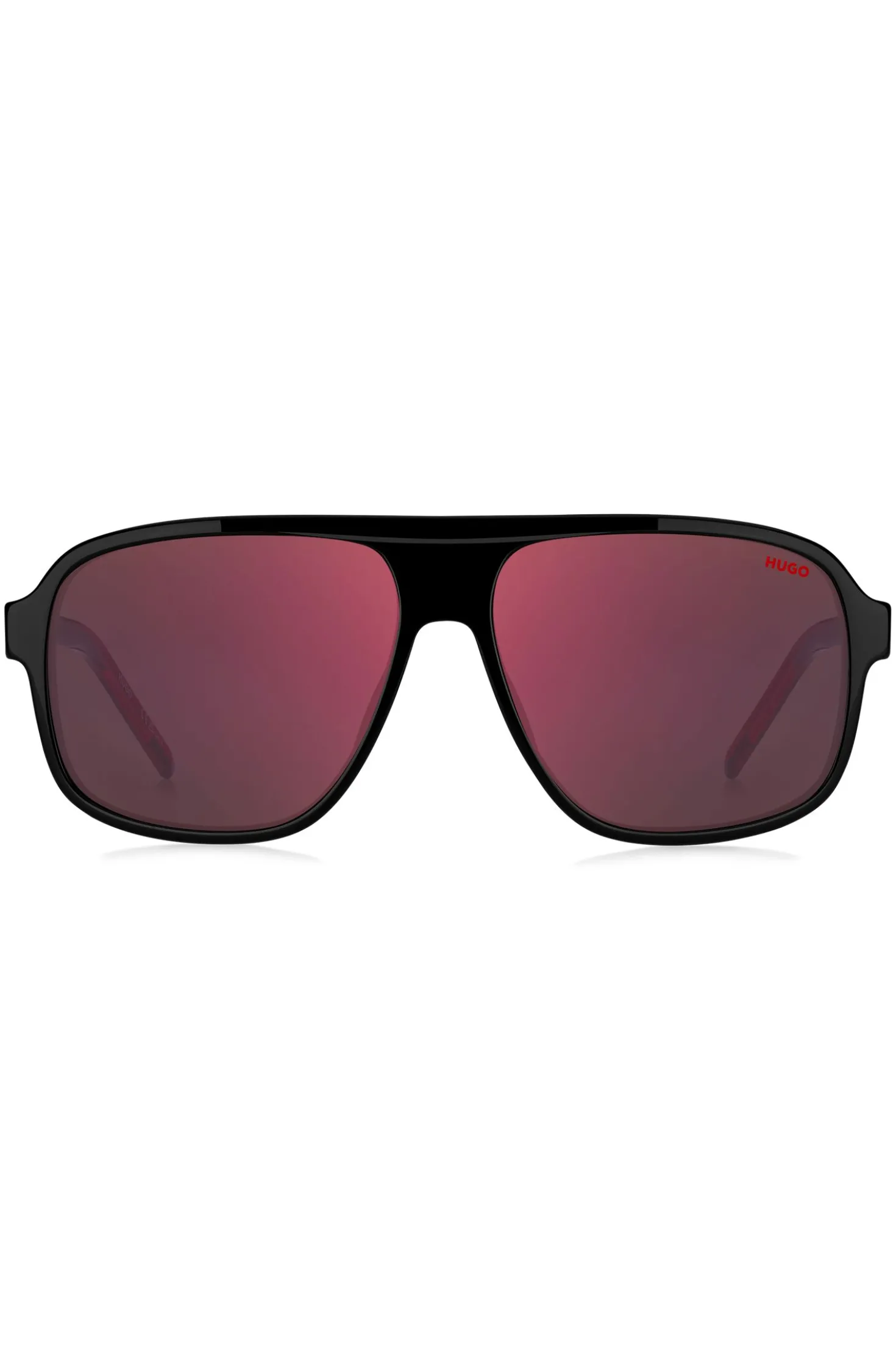 Black-acetate sunglasses with red shaded lenses