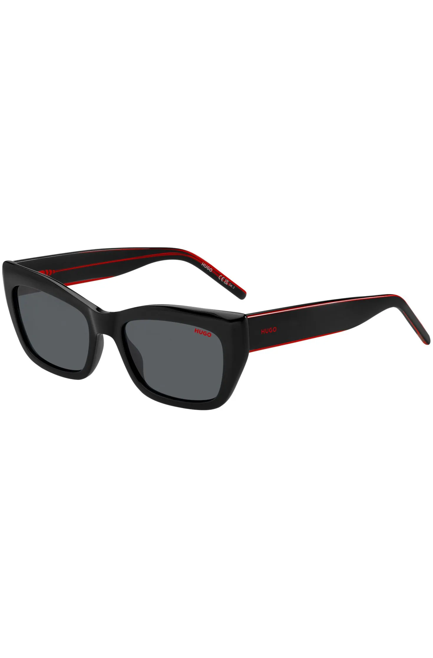 Black-acetate sunglasses with signature-red layered temples