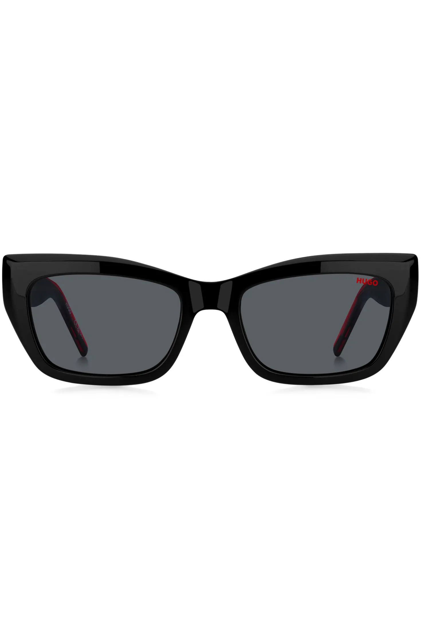 Black-acetate sunglasses with signature-red layered temples