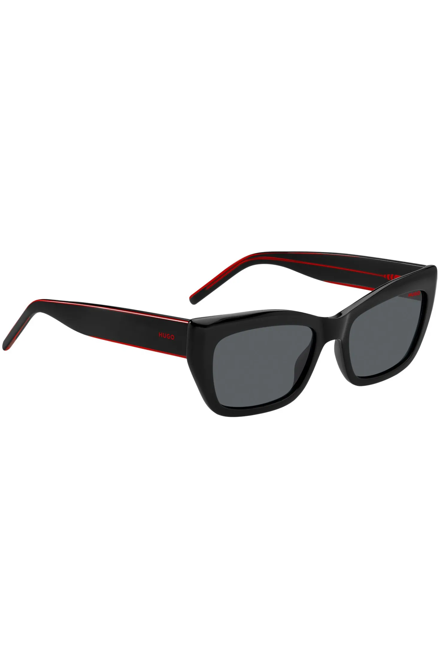 Black-acetate sunglasses with signature-red layered temples