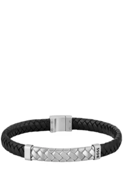 Black braided-leather cuff with herringbone hardware