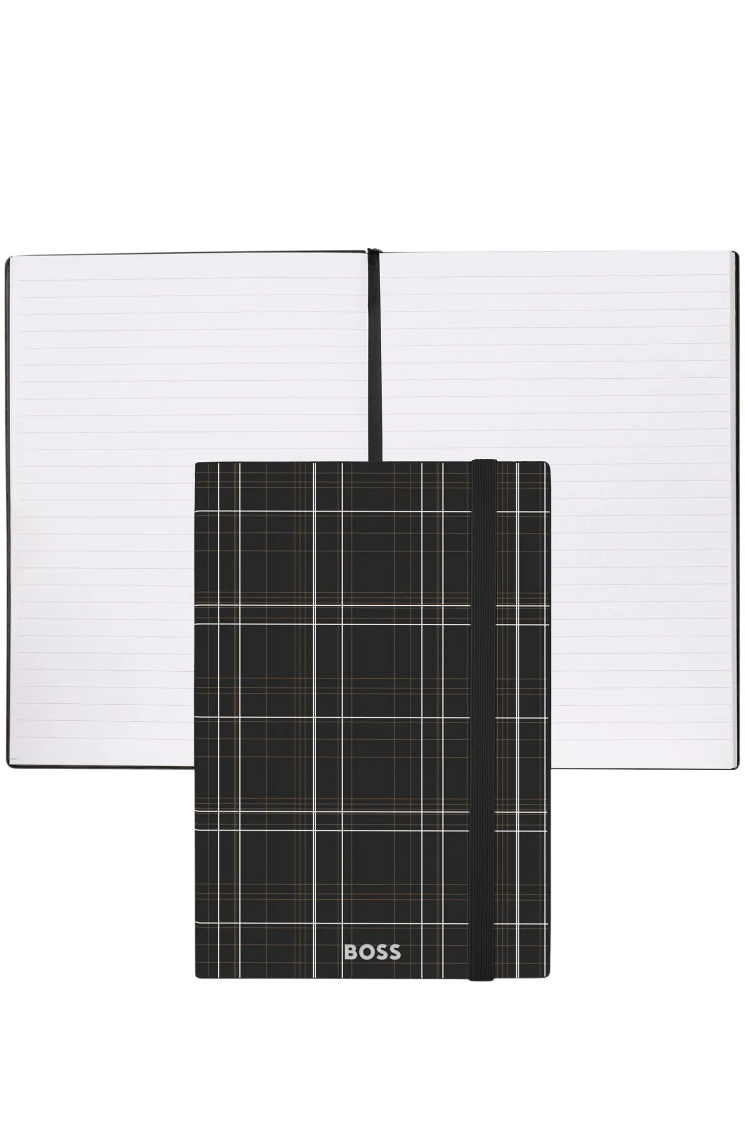 Black check-print A5 notebook with silver-foil logo