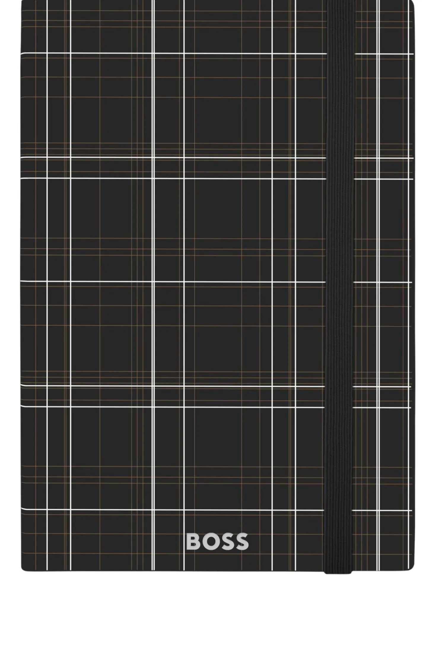 Black check-print A5 notebook with silver-foil logo