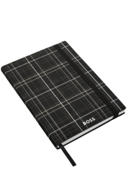 Black check-print A5 notebook with silver-foil logo