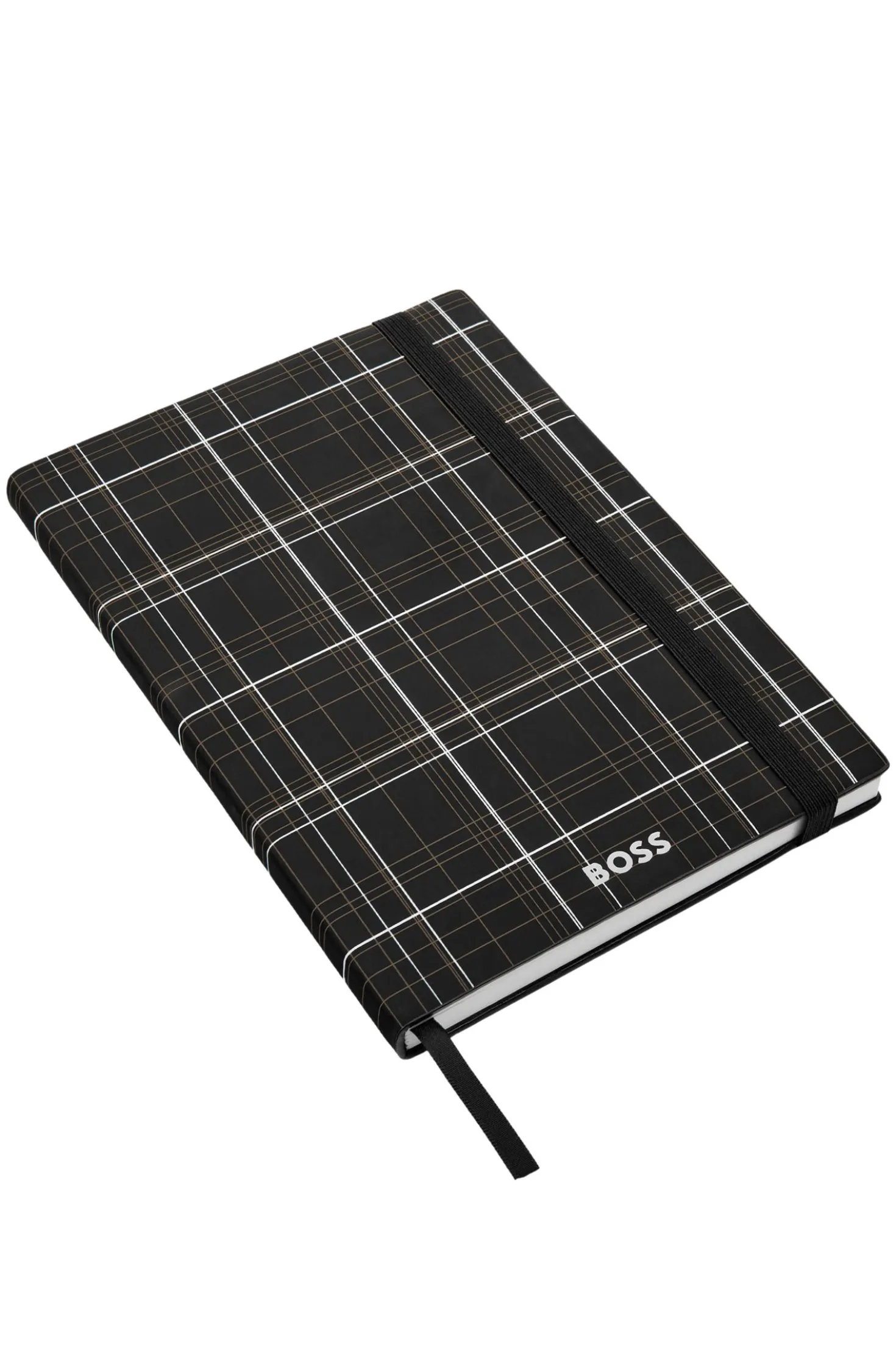 Black check-print A5 notebook with silver-foil logo