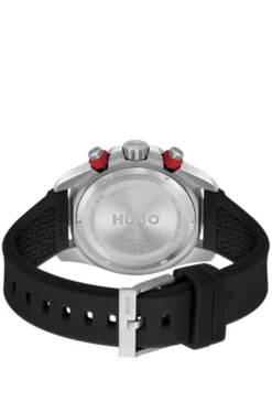Black-dial watch with branded silicone strap