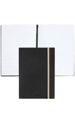 Black faux-leather A5 notebook with signature-stripe strap