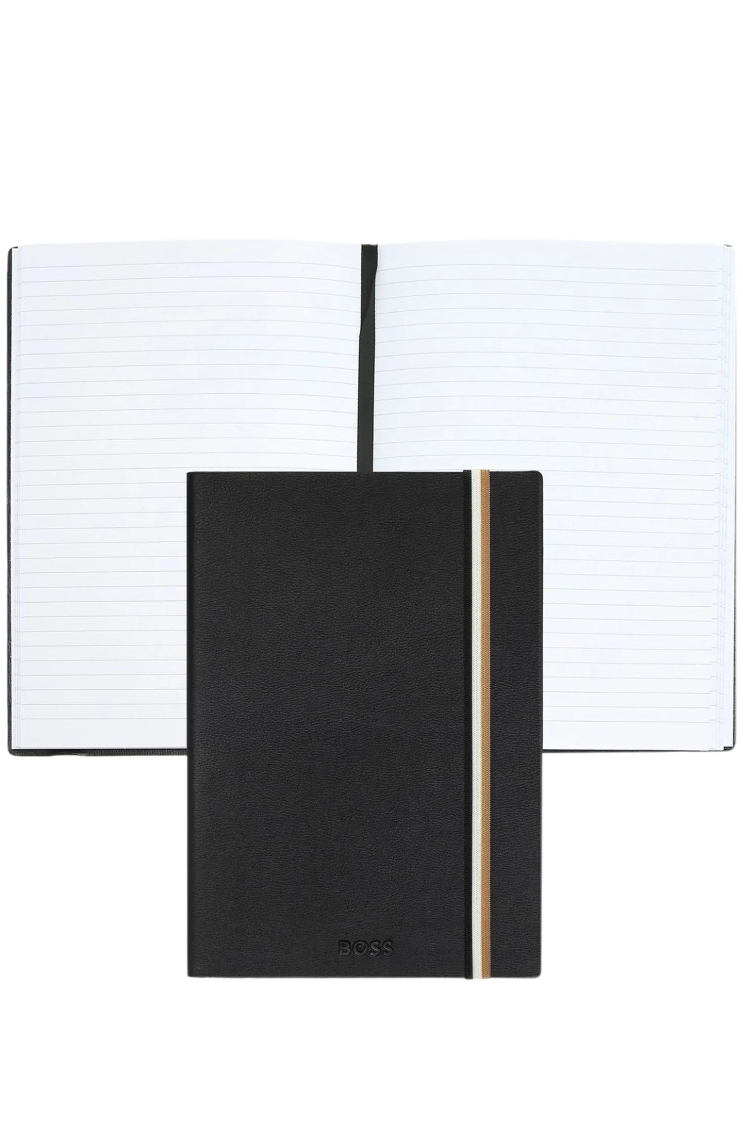 Black faux-leather A5 notebook with signature-stripe strap