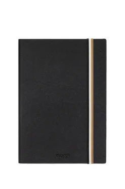 Black faux-leather A5 notebook with signature-stripe strap