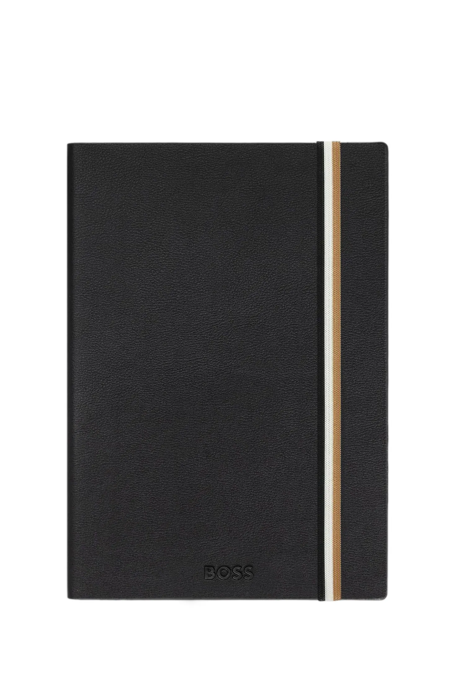 Black faux-leather A5 notebook with signature-stripe strap