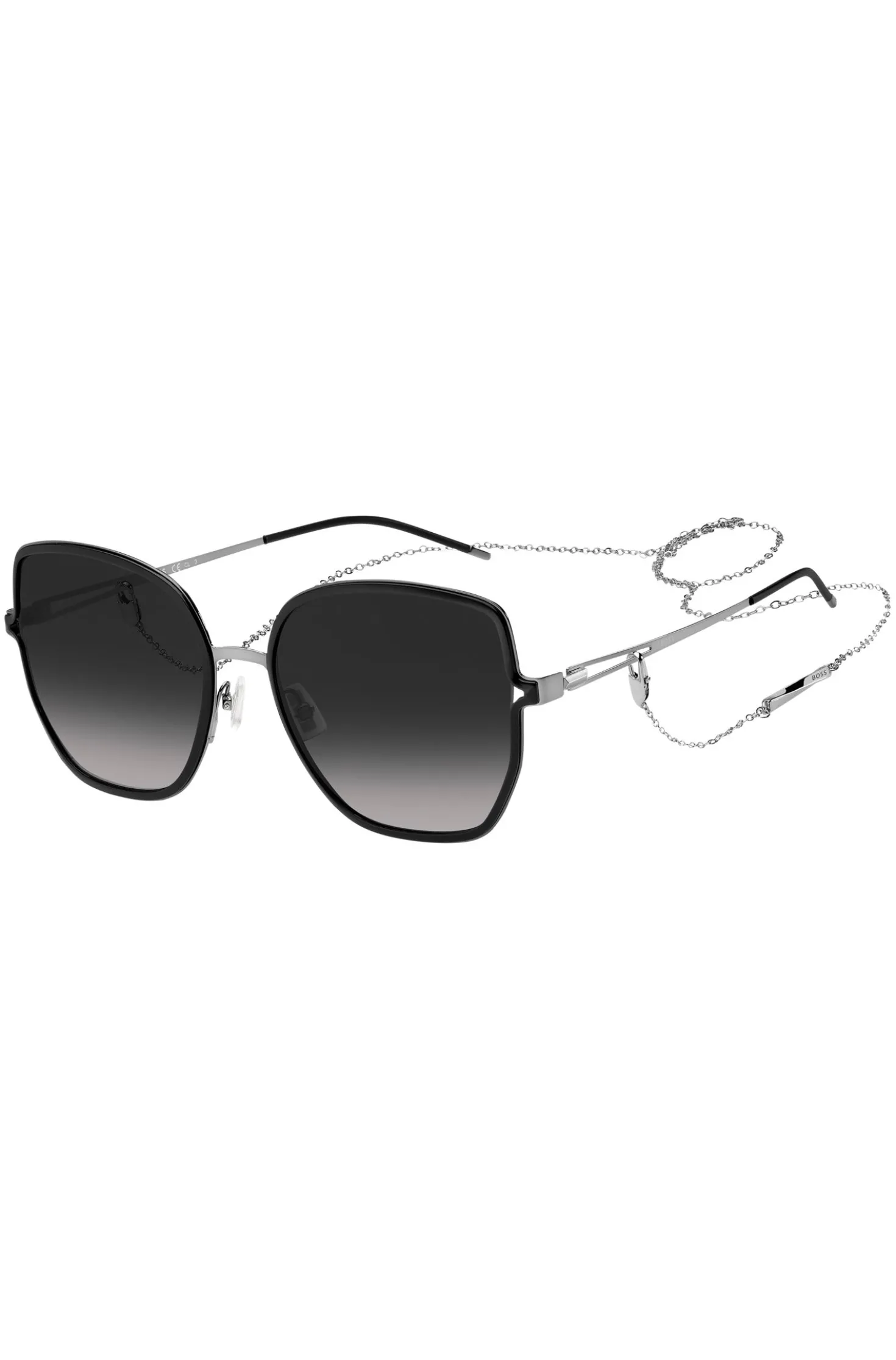 Black-frame sunglasses with forked temples and branded chain