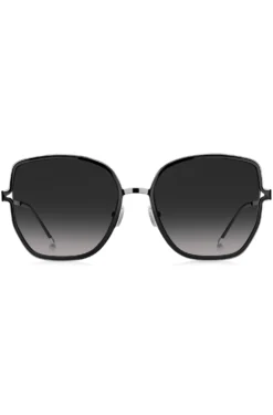 Black-frame sunglasses with forked temples and branded chain