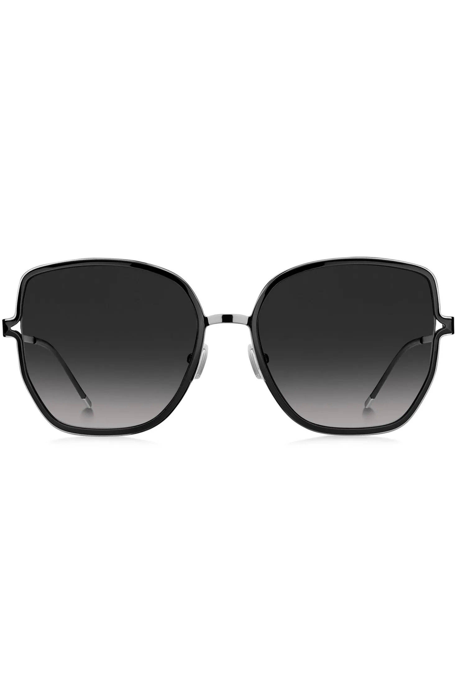 Black-frame sunglasses with forked temples and branded chain