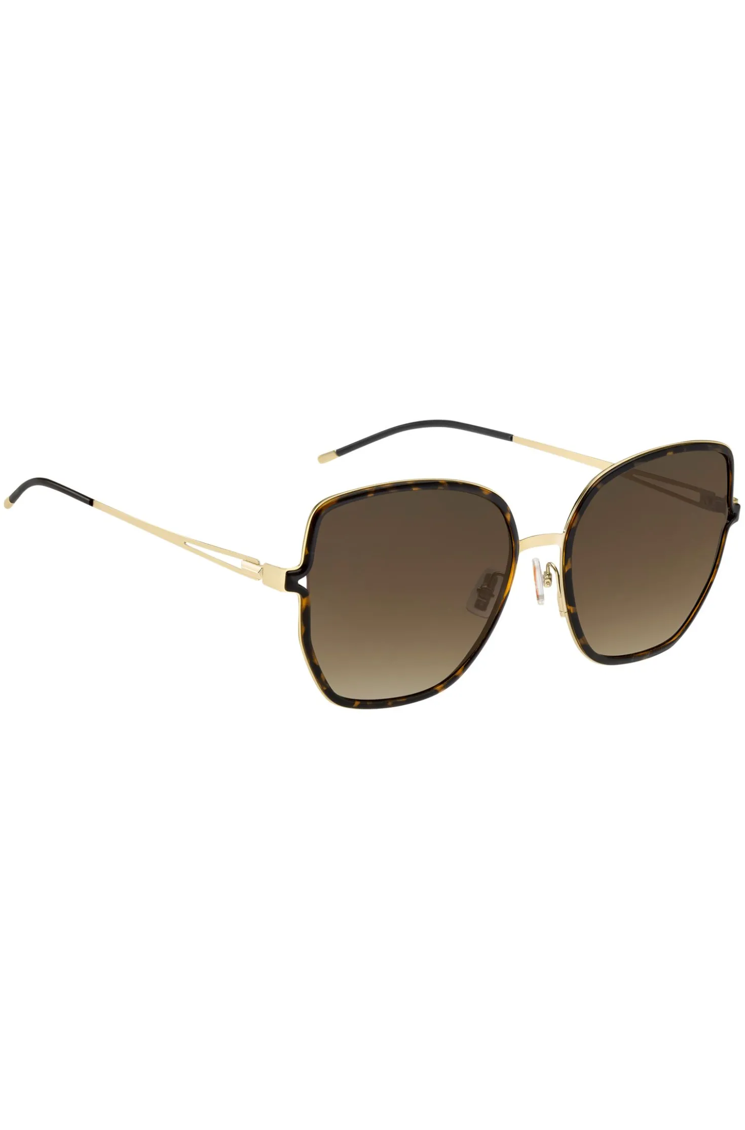 Black-frame sunglasses with forked temples and branded chain