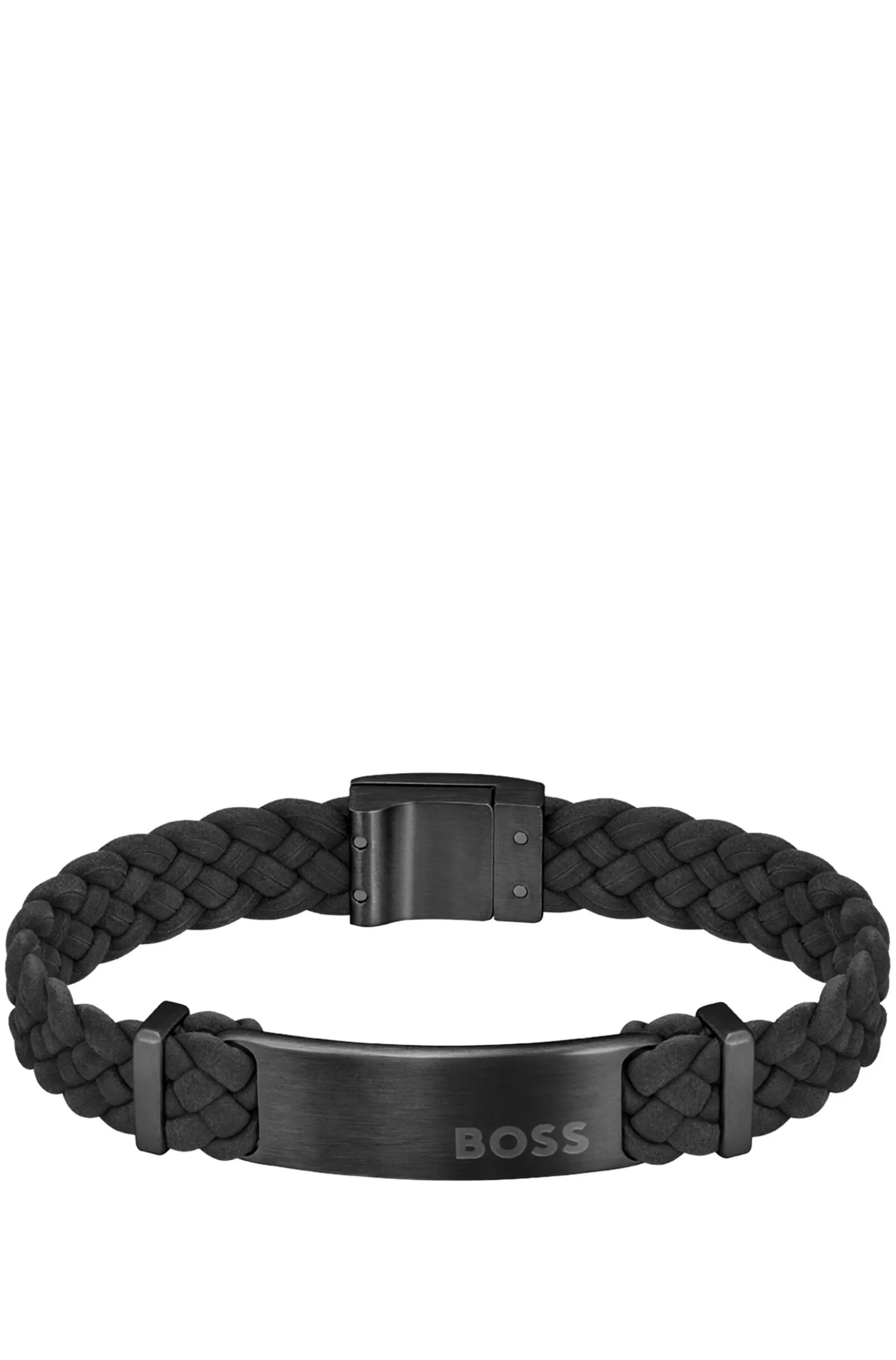 Black-suede braided cuff with logo plate