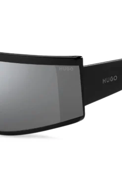 Black unisex shield sunglasses with logo