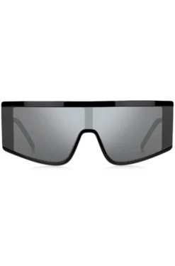 Black unisex shield sunglasses with logo