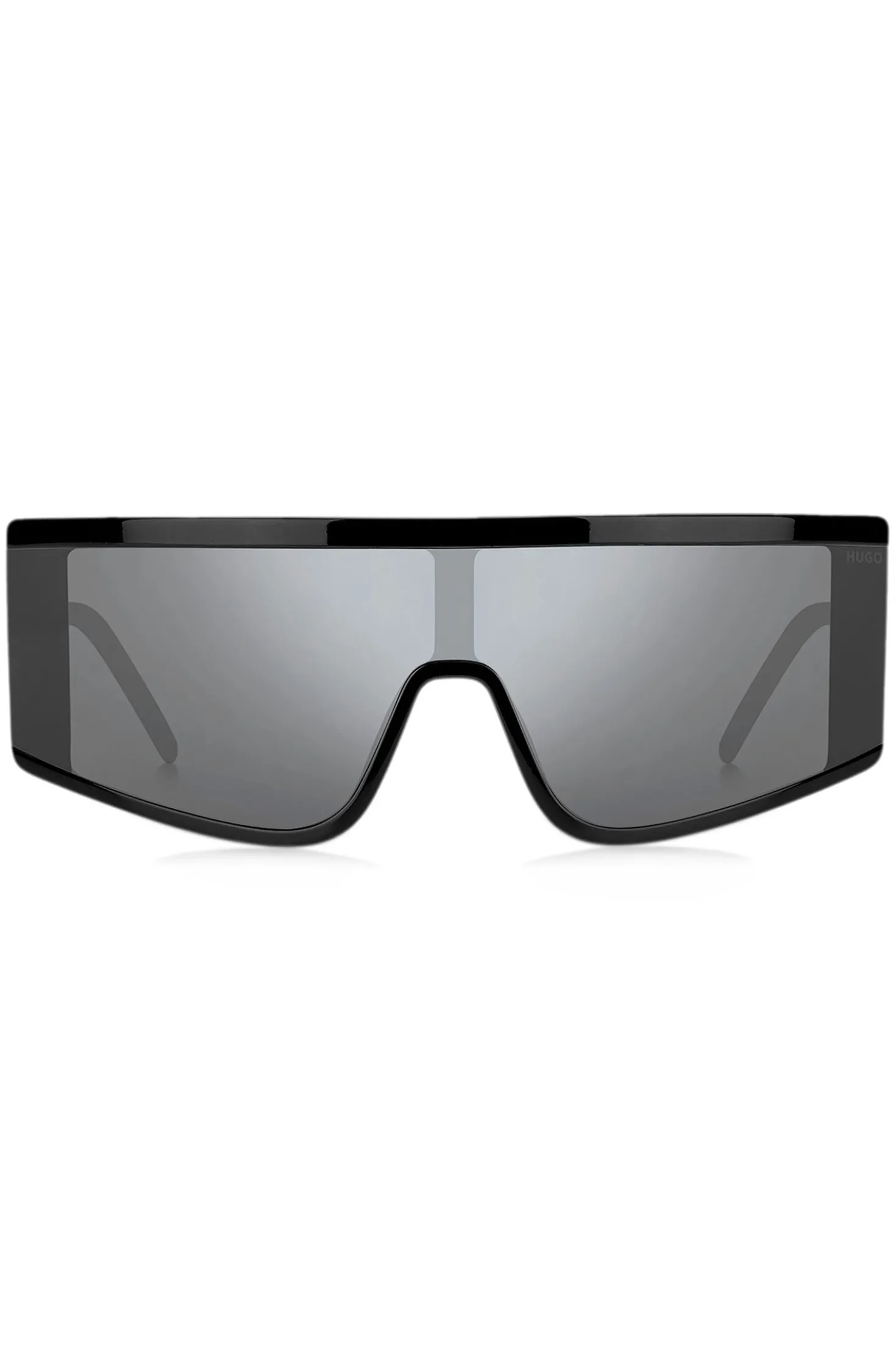 Black unisex shield sunglasses with logo