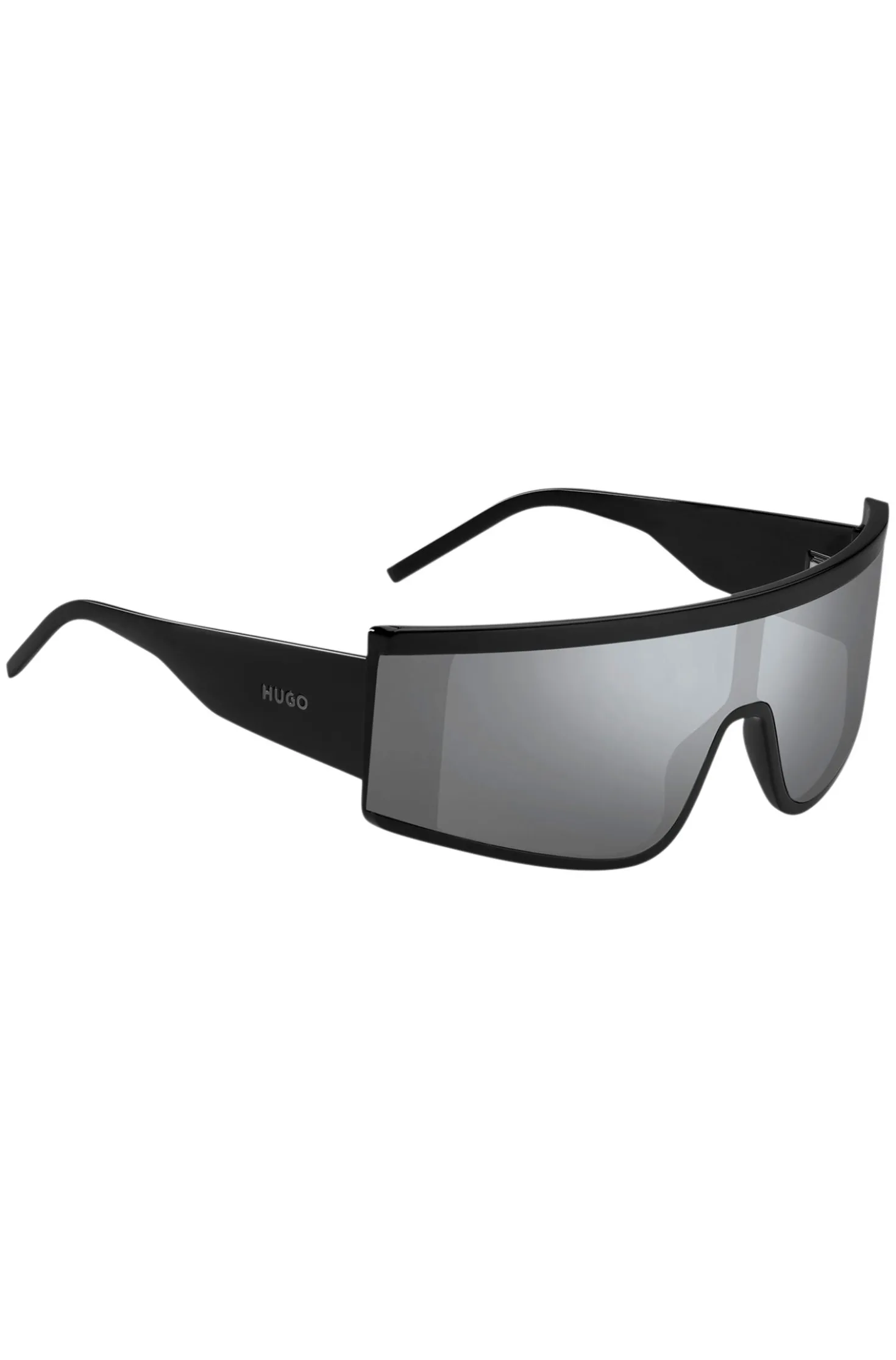Black unisex shield sunglasses with logo