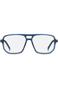 Blue-acetate optical frames with cut-out logo