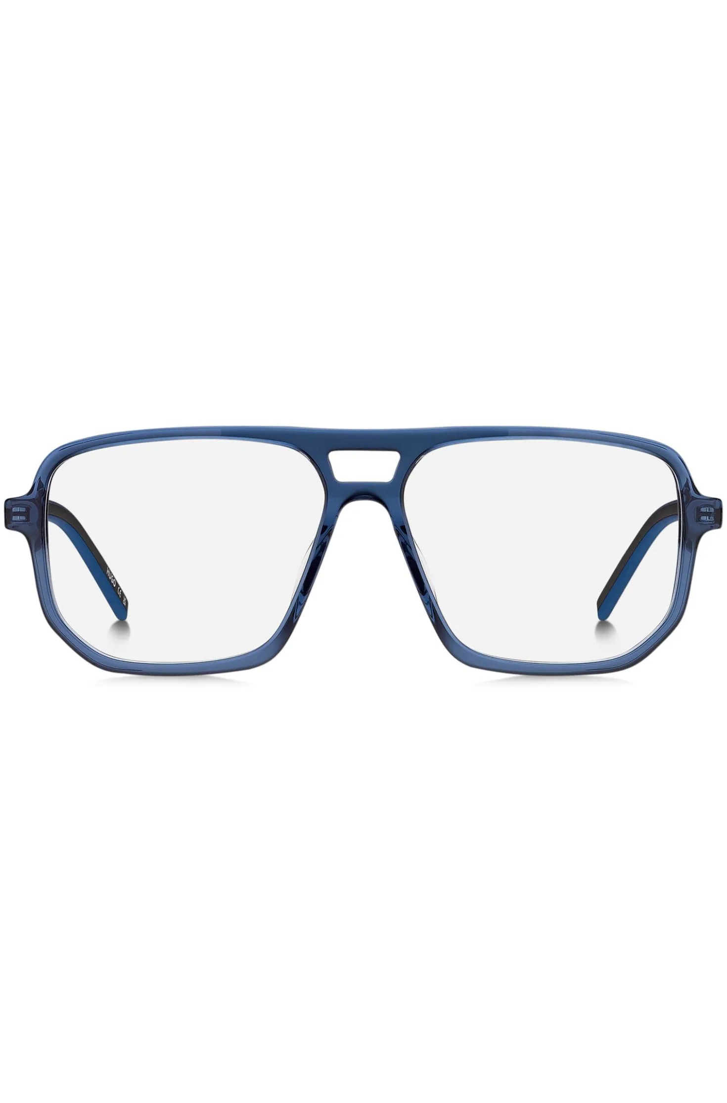 Blue-acetate optical frames with cut-out logo