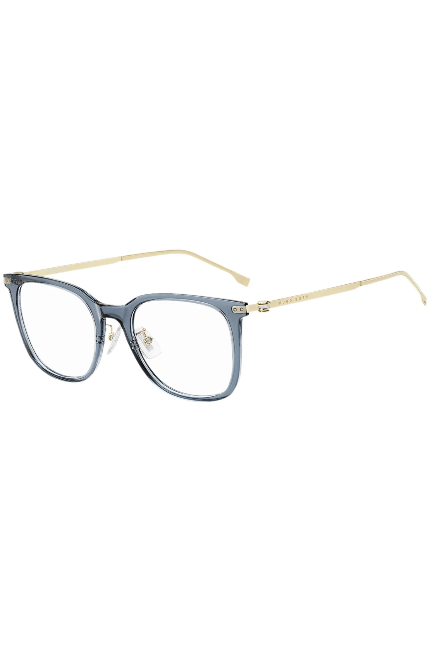 Blue-acetate optical frames with gold-tone temples
