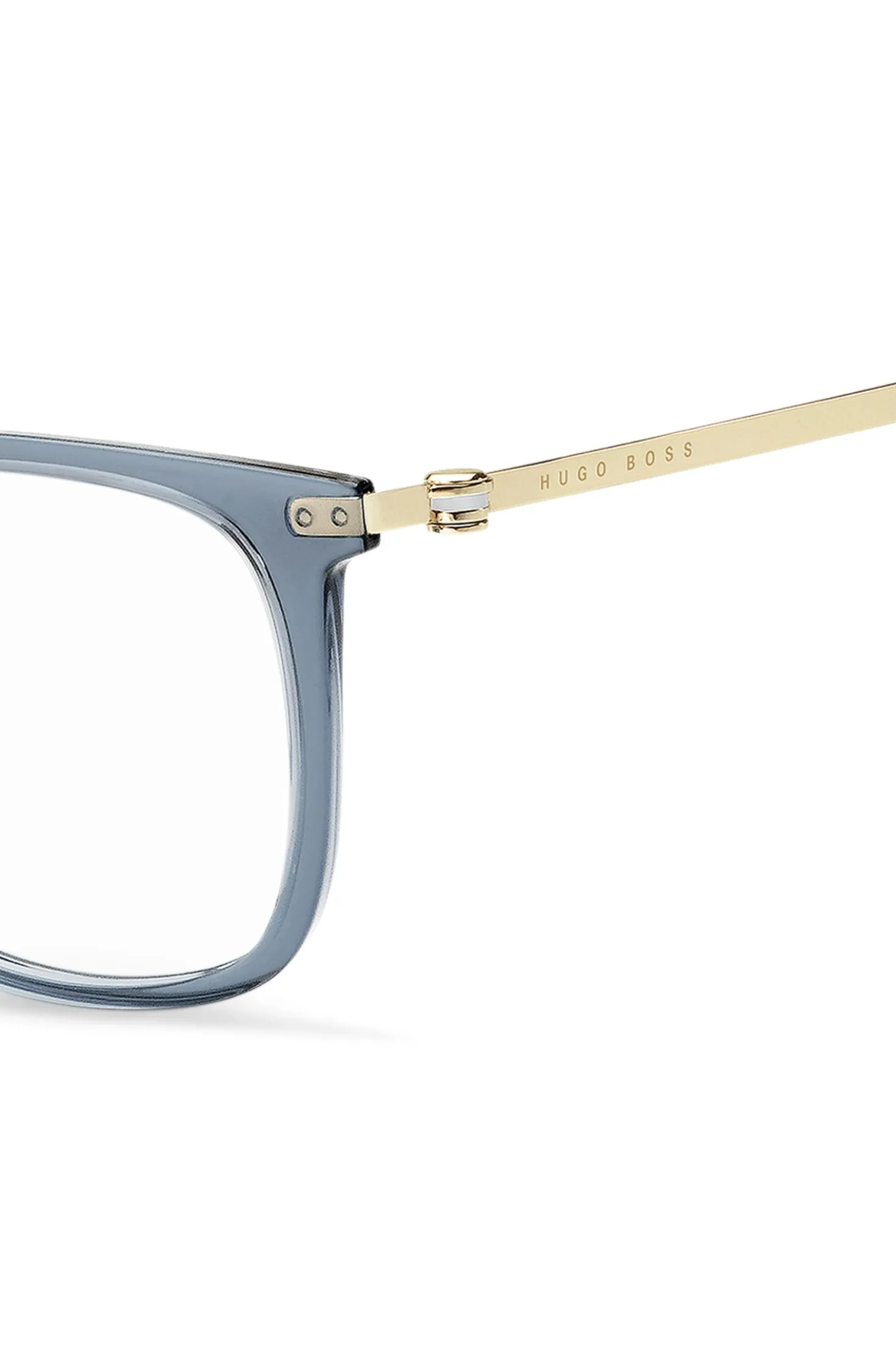 Blue-acetate optical frames with gold-tone temples