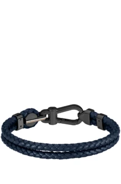 Blue braided-leather cuff with black carabiner closure