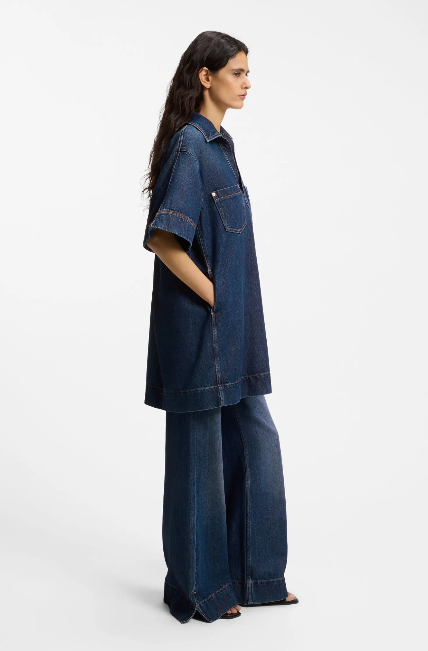 Blue-denim dress with Johnny collar