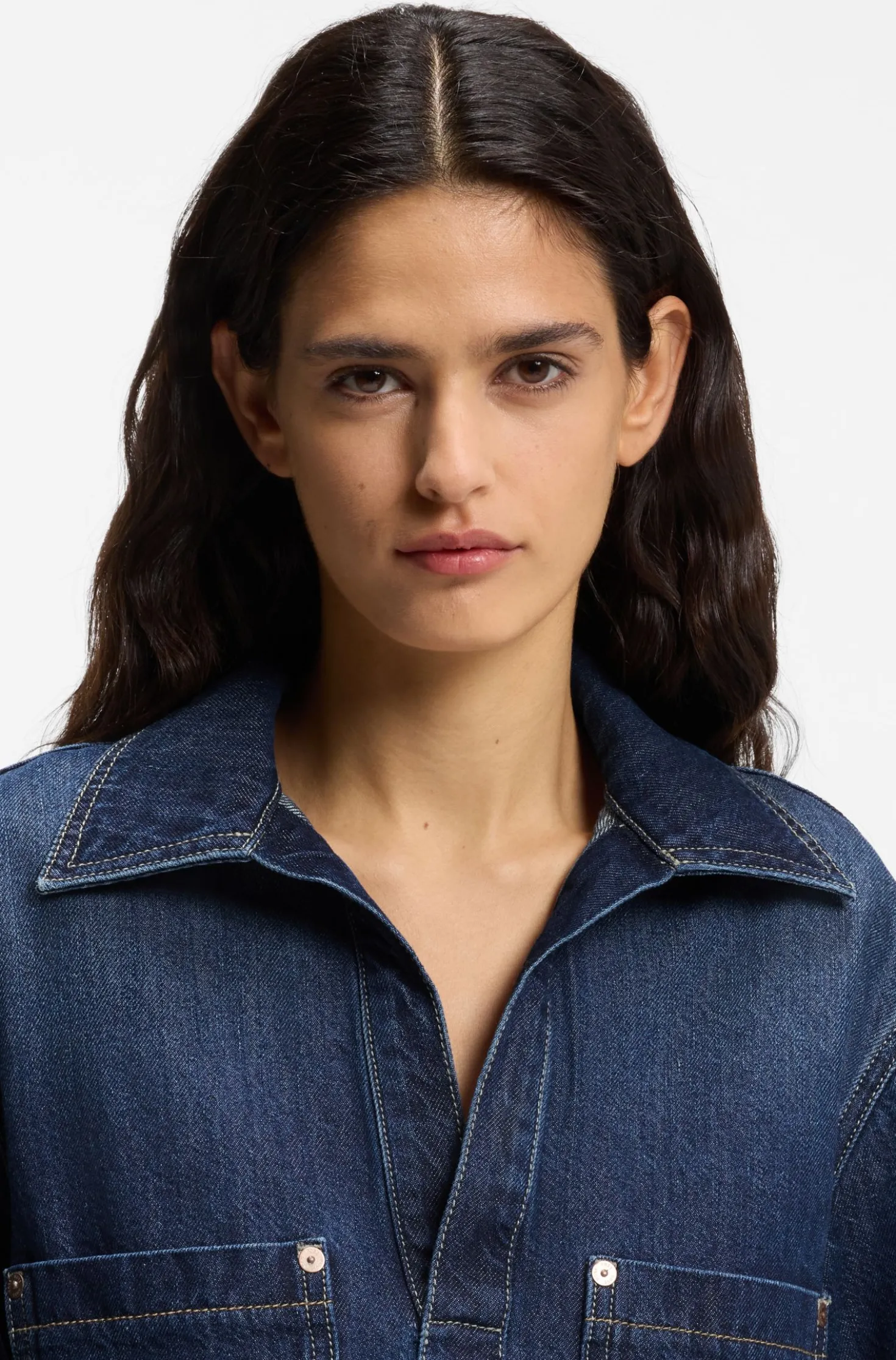 Blue-denim dress with Johnny collar