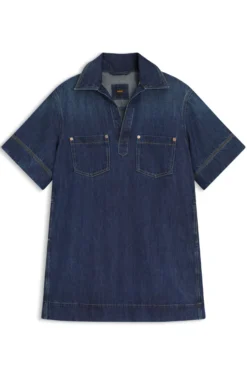 Blue-denim dress with Johnny collar