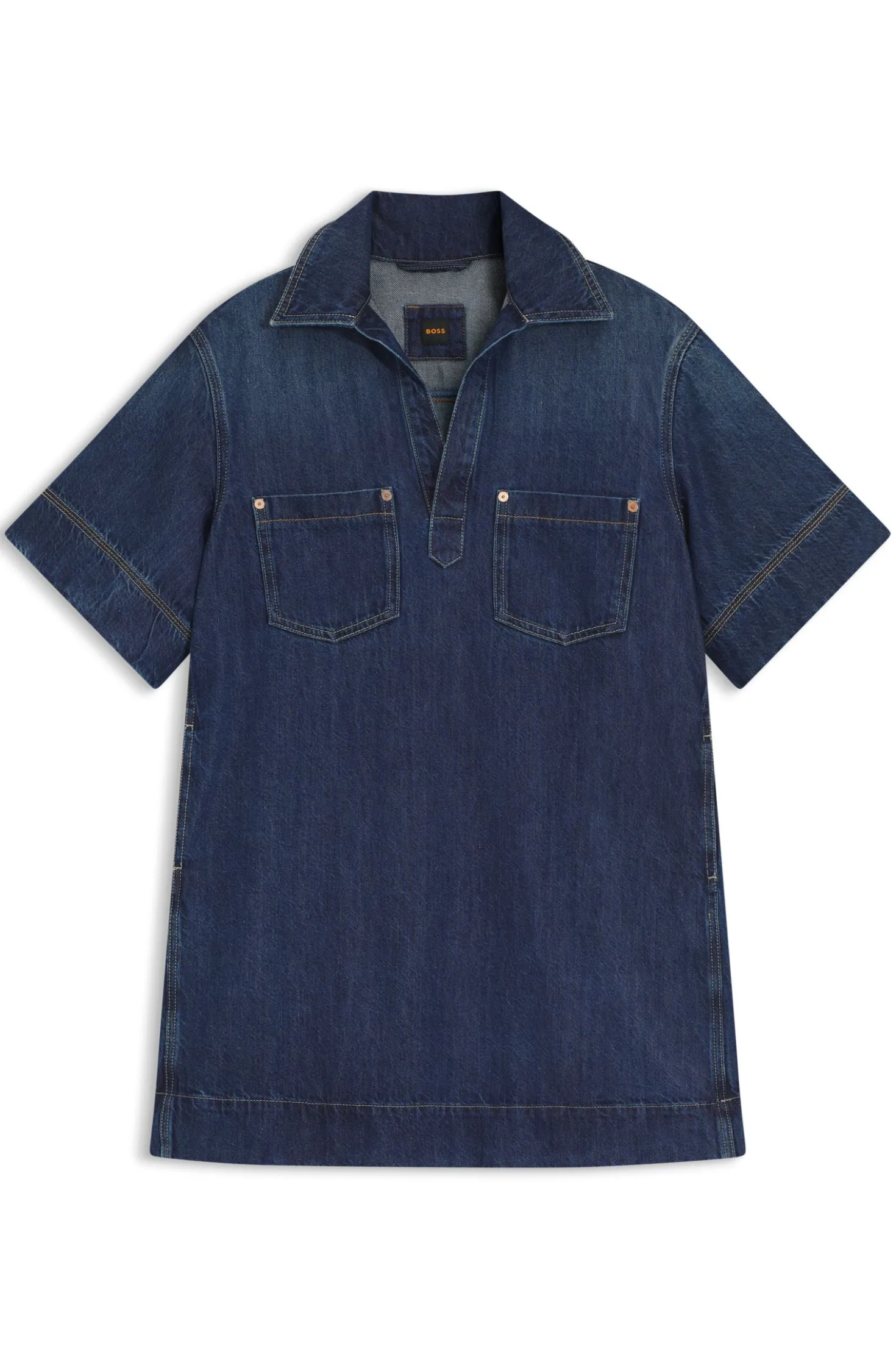 Blue-denim dress with Johnny collar