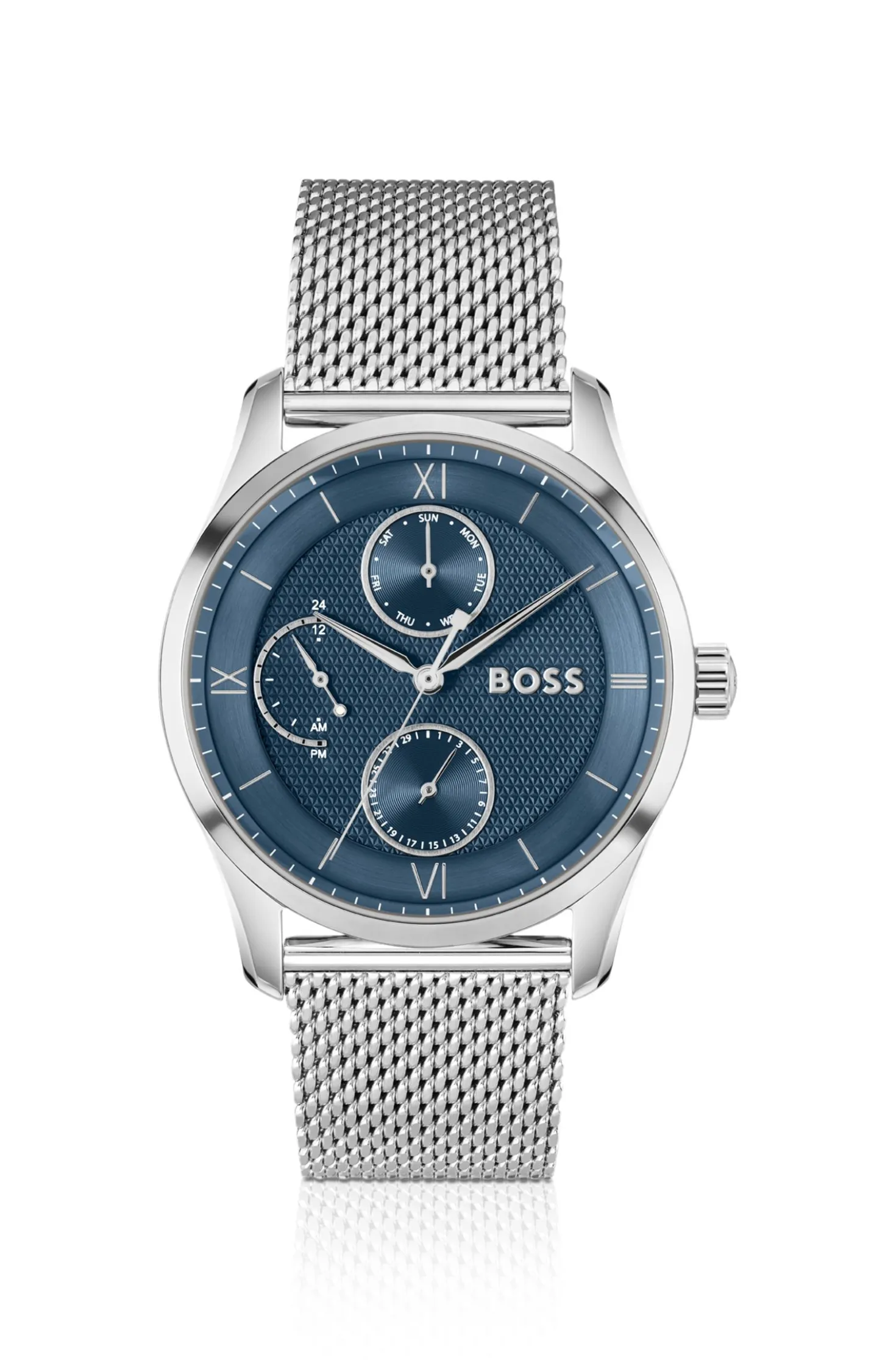 Blue-dial watch with mesh bracelet