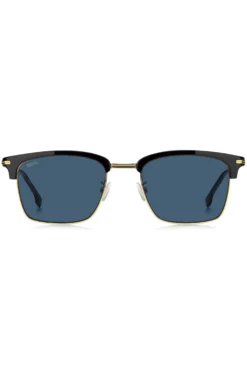 Blue-lens sunglasses with black and gold-tone frames