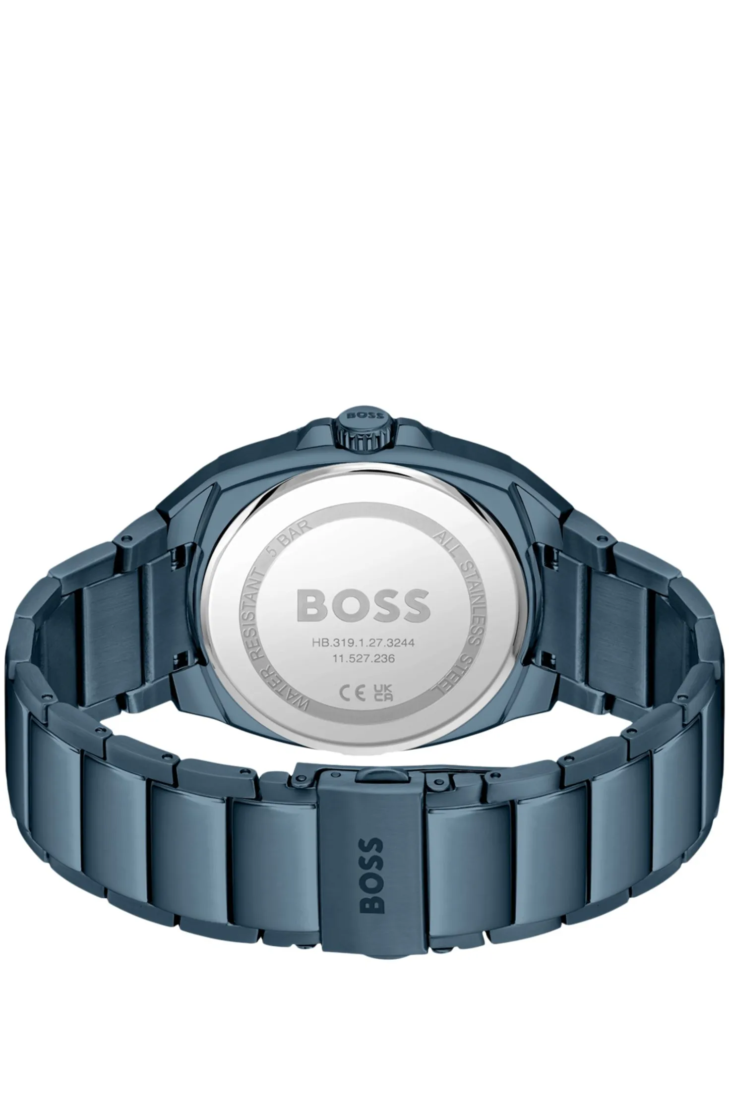 Blue link-bracelet watch with tonal guilloché dial