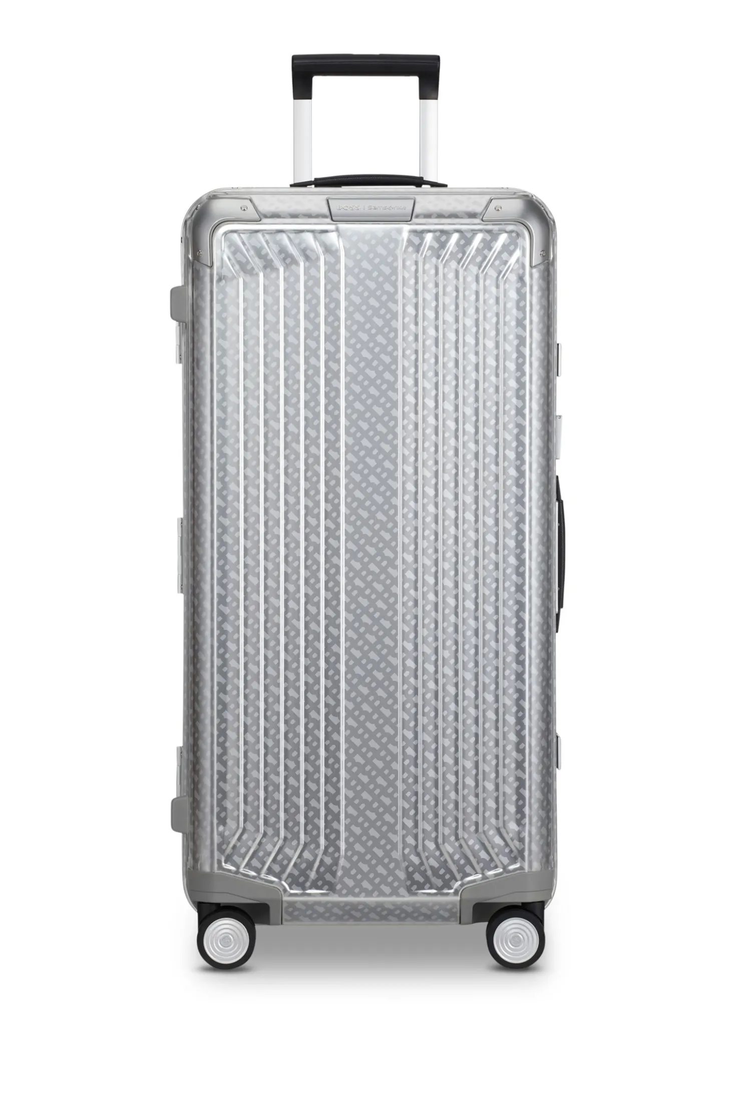 BOSS x Samsonite silver aluminium trunk suitcase 80cm