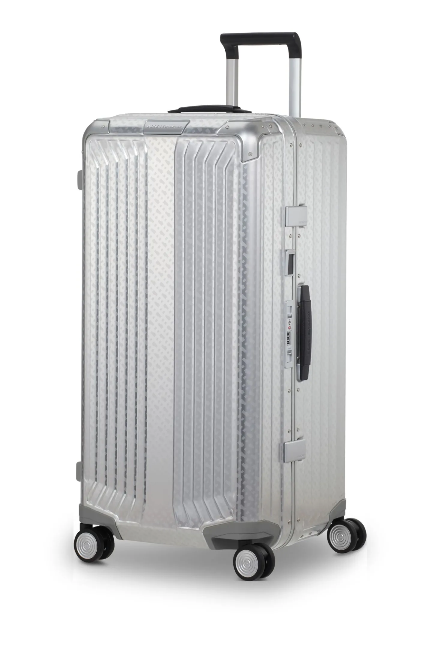 BOSS x Samsonite silver aluminium trunk suitcase 80cm